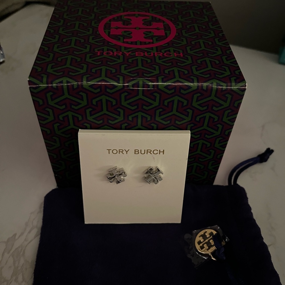 Tory Burch Silver Logo Stud Earrings